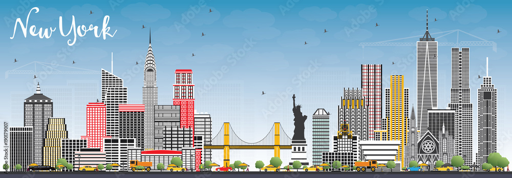 Εκτύπωση καμβά New York USA City Skyline with Gray Skyscrapers and Blue Sky.