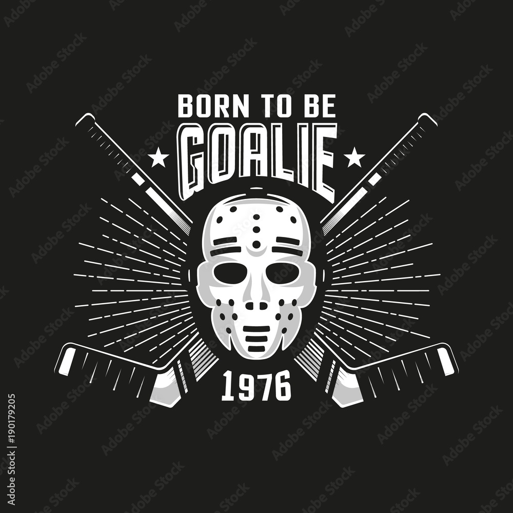 Fototapeta premium Hockey authentic retro emblem with goalkeeper mask and crossed sticks on a black background