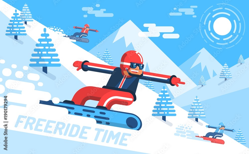 Snowboarder descends on slope of the mountain among fir trees. Freeride -
 bright modern flat illustration.