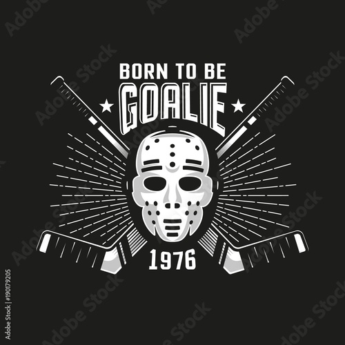 Hockey authentic retro emblem with goalkeeper mask and crossed sticks on a black background