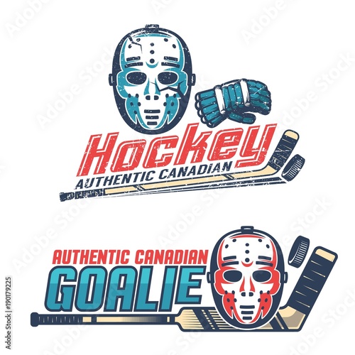 Simple vintage hockey emblems with  classic goalkeeper mask, gloves, sticks from the 60's, 70's. Worn texture on separate layer can be disabled.