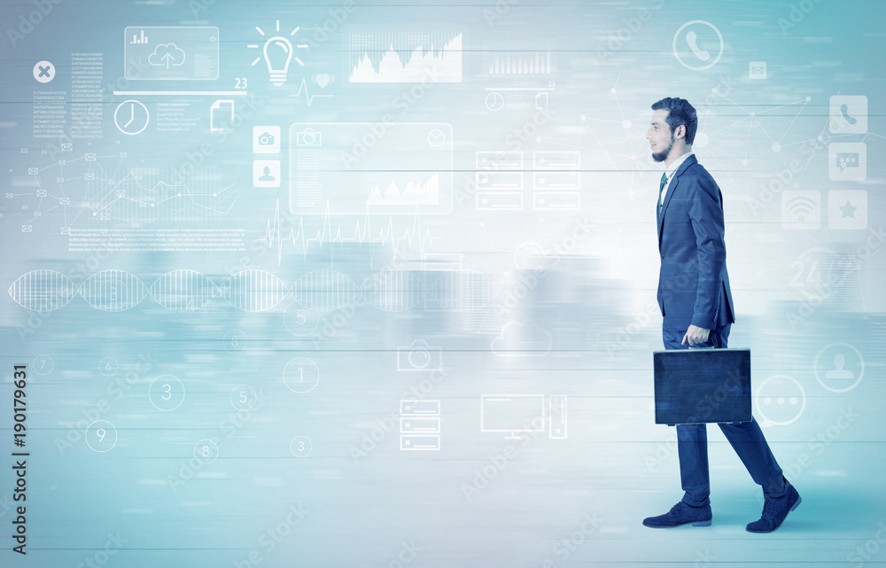 Businessman walking with database concept around Businessman walking with database concept around