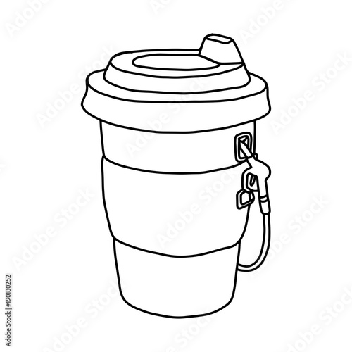 Paper cup of takeaway coffee with dispenser. Metaphor coffee is power for office people vector illustration sketch hand drawn with black lines, isolated on white background