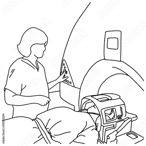 female specialist turning on MRI scanner for patient in hospital vector illustration sketch hand drawn with black lines, isolated on white background. Medical concept. photo