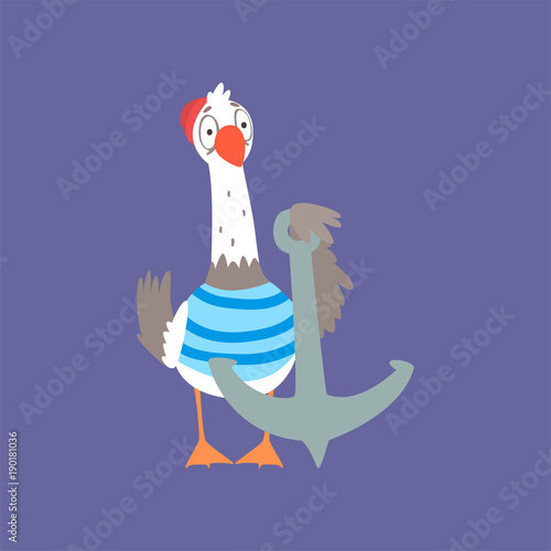 Funny seagull standing with anchor, cute comic bird character cartoon vector illustration