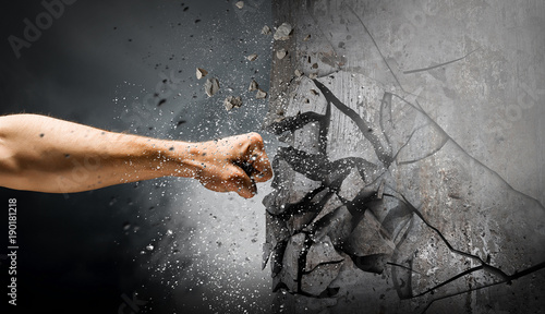 Картината върху платно Hand breaking through the wall. Mixed media