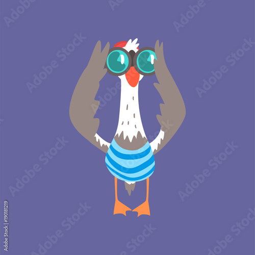 Funny seagull looking through binoculars, cute comic bird character cartoon vector illustration
