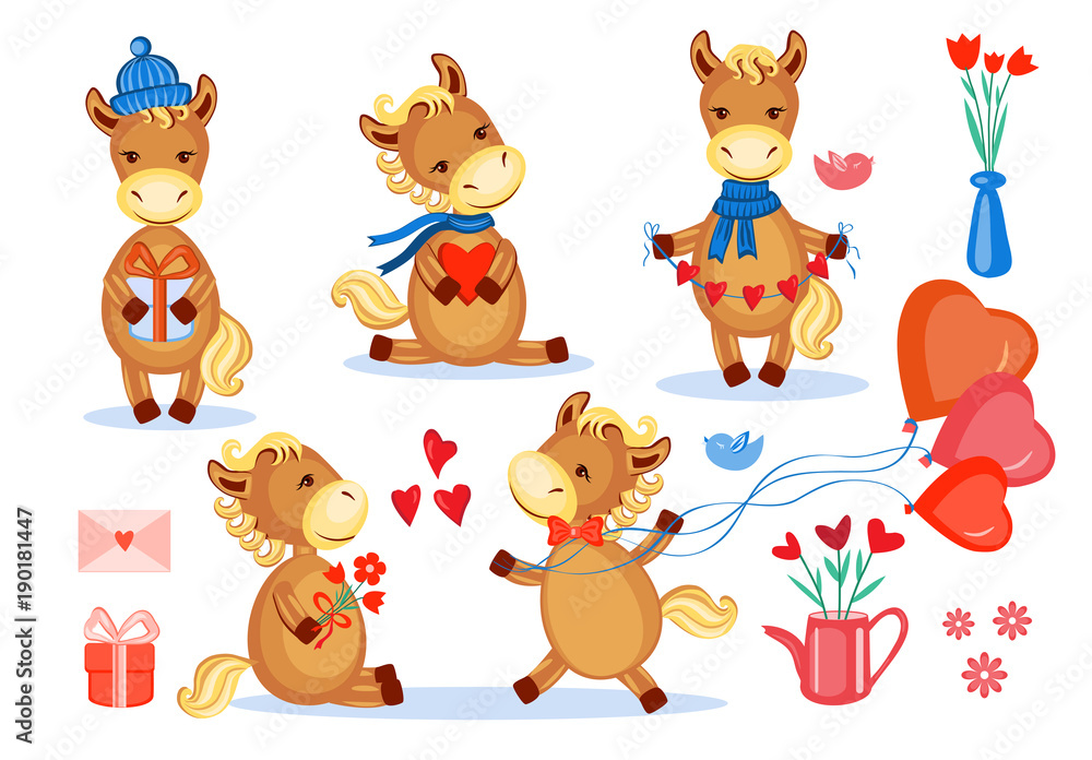 Lovers horses vector set kid cartoon animal pose, domestic cute foal isolated on white, farmer animals, Character design for greeting card, children invitation, creation of alphabet, valentines day