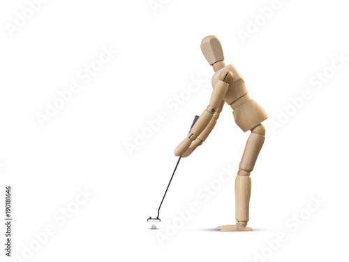 Wooden dummy doll, Wood figure isolated on white background in concept of Golfer putting golf ball with space for text