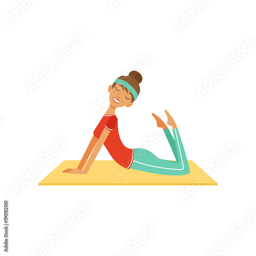 Sportive young woman character doing fitness exercise, girl working out in the fitness club or gym colorful vector Illustration © topvectors