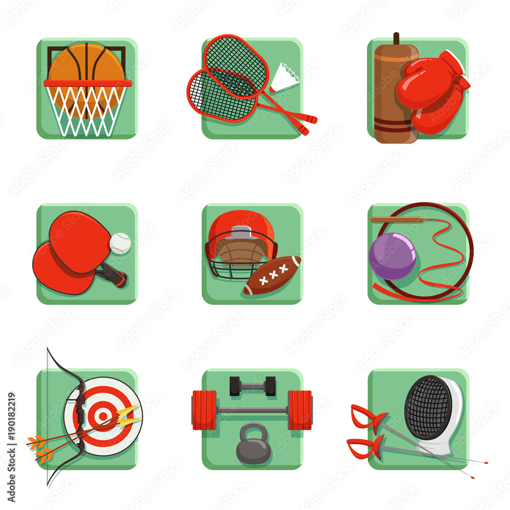 Fototapeta premium Sport icons set, boxing, badminton, gymnastics, fencing, baseball, archery vector illustrations