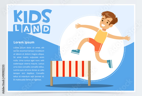 Smiling sportive boy jumping hurdle, kids land banner flat vector element for website or mobile app
