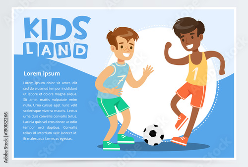 Smiling active boy playing soccer, kids land banner flat vector element for website or mobile app