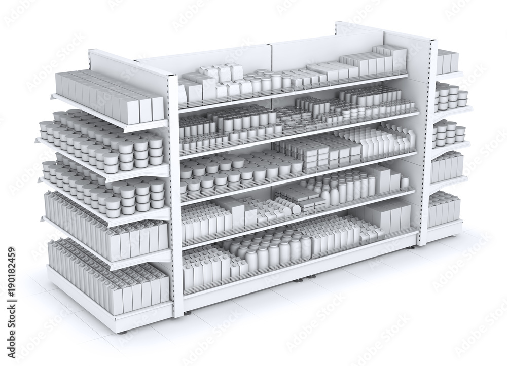 Shelves with blank goods in the store. 3d illustration isolated on white. Shelves with blank goods in the store. 3d illustration isolated on white.