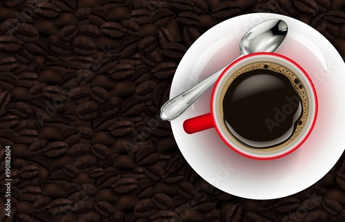 Red cup of coffee and coffee beans background