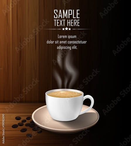 Cup of coffee with coffee beans and smoke on a wooden table