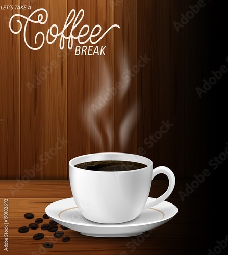 Cup of coffee with coffee beans and smoke on a wooden table