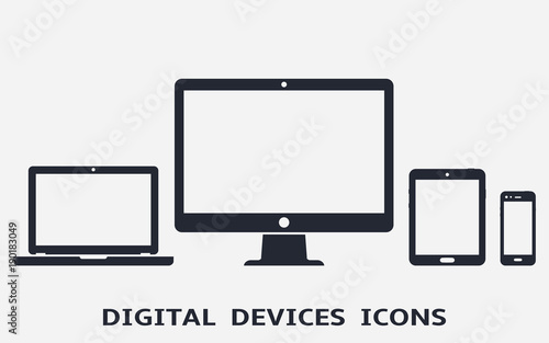 Device icons: smart phone, tablet, laptop and desktop computer. Vector illustration of responsive web design.