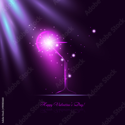 Luminous Cocktail glass with lemon on dark blue background with bright purple neon lights and sparks. Martini drink. Happy Valentine's day text. New Year, birthday party, night bar, celebration