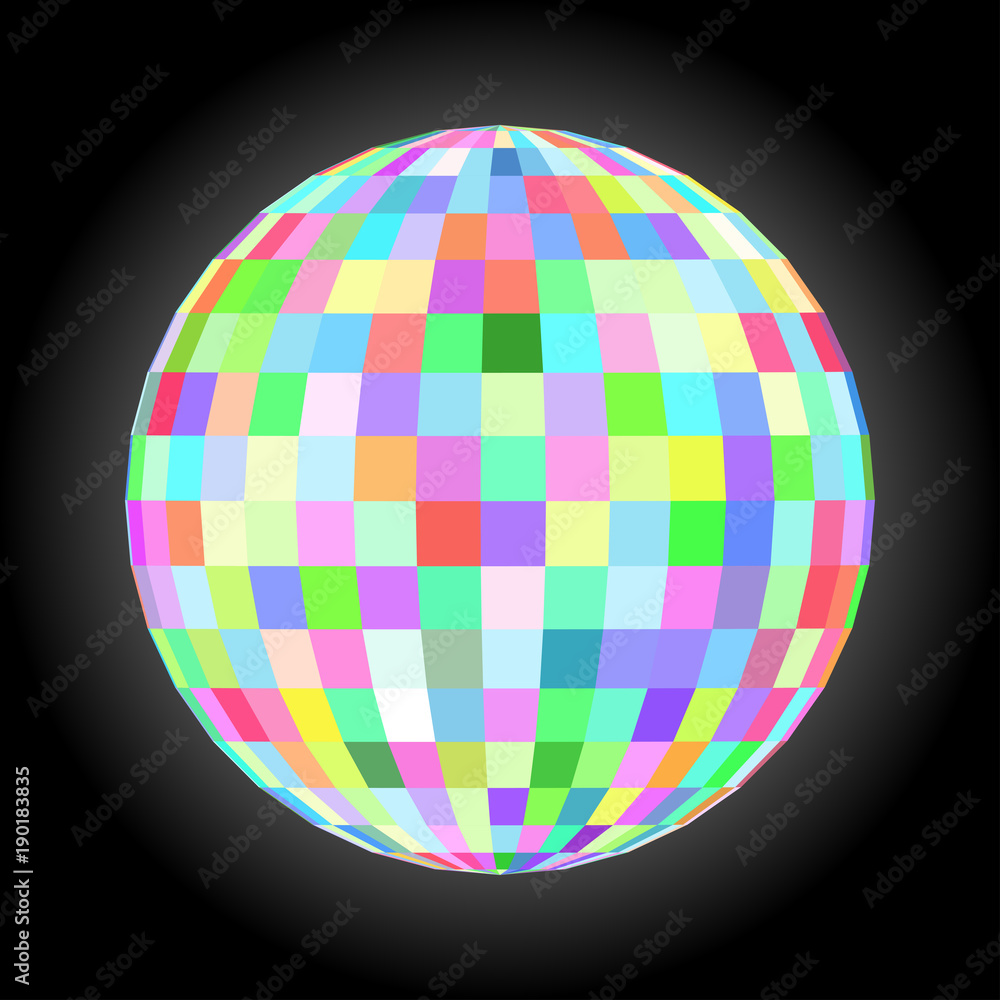 Disco ball icon isolated on black background. Vector colorful mosaic sphere. Vector design for flyer. Disco ball icon isolated on black background. Vector colorful mosaic sphere. Vector design for flyer.