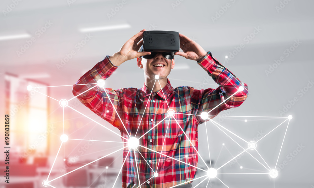 Guy wearing checked shirt and virtual mask demonstrating some emotions Guy wearing checked shirt and virtual mask demonstrating some emotions