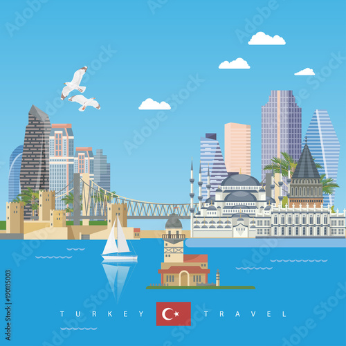 Turkey vector vacations illustration with turkish landmarks. Travel agency poster.