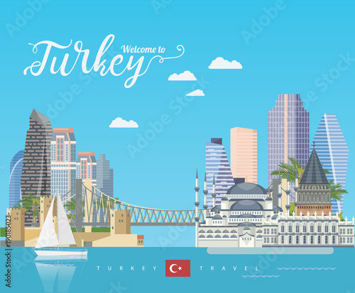 Turkey vector vacations illustration with turkish landmarks. Travel agency poster.