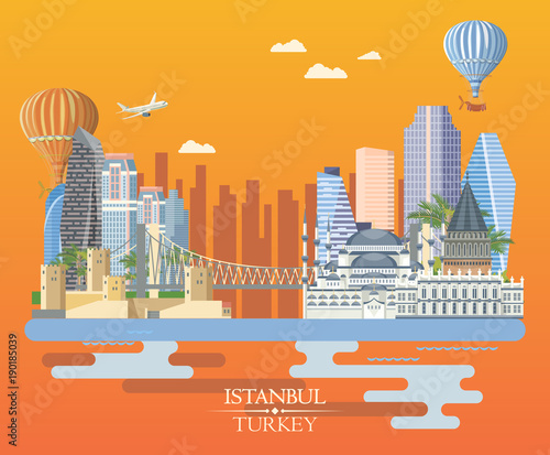 Turkey vector vacations illustration with turkish landmarks. Travel agency poster.