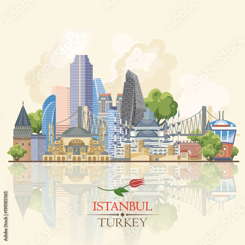 Turkey vector vacations illustration with turkish landmarks. Travel agency poster.
