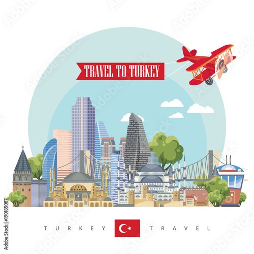Turkey vector vacations illustration with turkish landmarks. Travel agency poster.