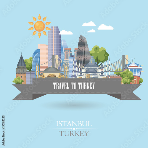 Turkey vector vacations illustration with turkish landmarks. Travel agency poster.