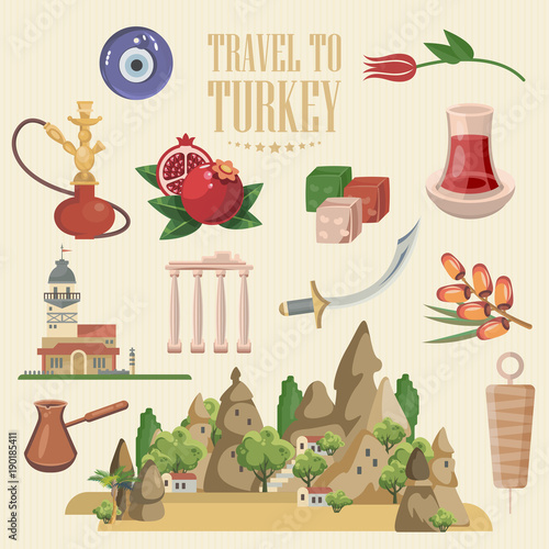 Turkey vector vacations illustration with turkish landmarks. Travel agency poster.