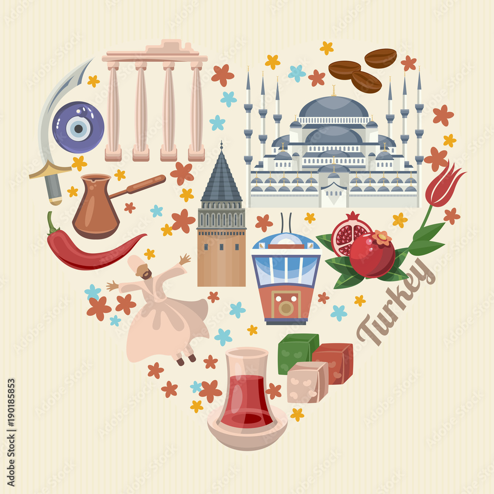 Turkey vector vacations illustration with turkish landmarks. Travel agency poster.