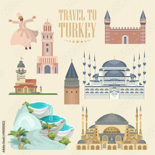 Turkey vector vacations illustration with turkish landmarks. Travel agency poster.