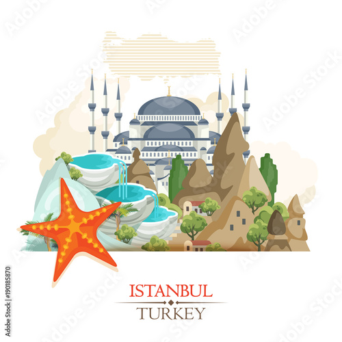 Turkey vector vacations illustration with turkish landmarks. Travel agency poster.