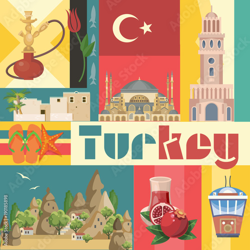 Turkey vector vacations illustration with turkish landmarks. Travel agency poster.