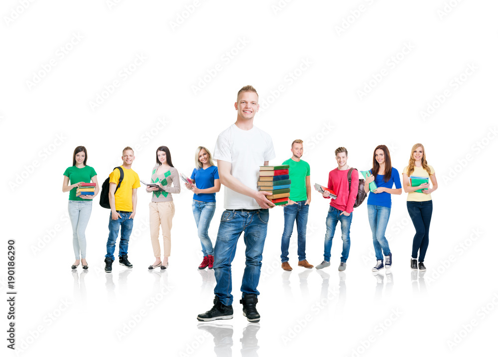 Obraz premium Large group of teenage students isolated on white background. Many different people standing together. School, education, college, university concept.