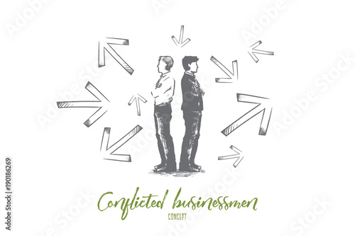 Conflicted businessman concept. Hand drawn conflicted businessmen choosing between directions with arrows around them. Difficult choice and hard decision isolated vector illustration.