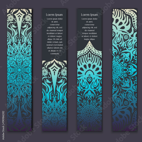 Card set with floral lace decorative mandala elements background. Asian Indian oriental ornate banners