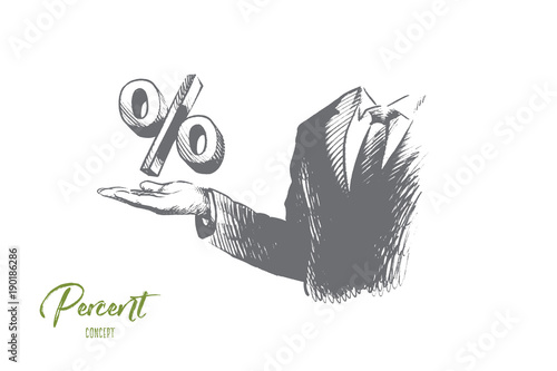 Percent concept. Hand drawn businessman hand with percent sign. Percent symbol on mans hand isolated vector illustration.