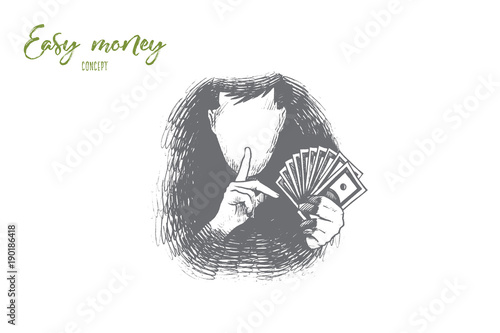 Easy money concept. Hand drawn person find a way to get a lot of money very fast and easy. Chance to become rich isolated vector illustration.