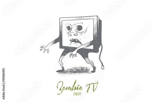 Zombie TV concept. Hand drawn media zombie person with tv set instead of head. Man with television head isolated vector illustration.