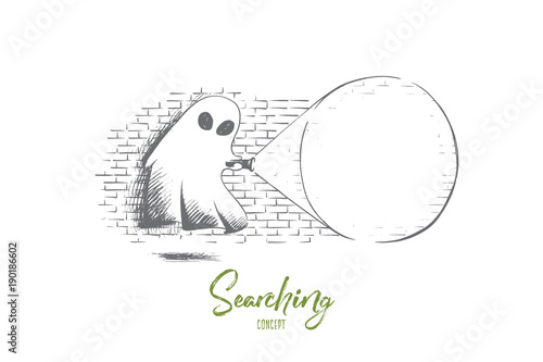 Searching concept. Hand drawn ghost searching something with flashlight in his hand. Looking for something and analyzing concept isolated vector illustration.