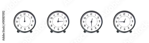 Closeup group of beautiful black and white clock for decoration show the time in 12 , 12:15 , 12:30 , 12:45 a.m. isolated on white background