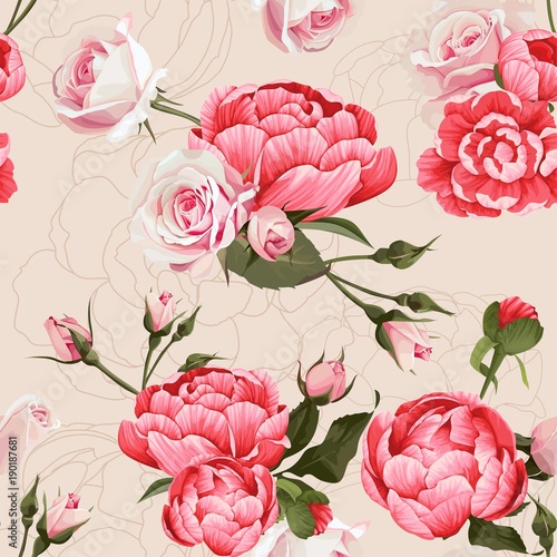 Peony And Roses Vector Seamless Pattern  3 Flowered Texture on beige Background