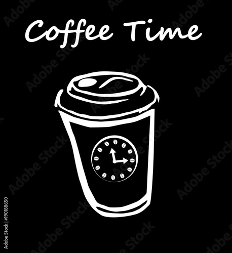 Coffee time scetch white cup with clocks on black vector illustration.