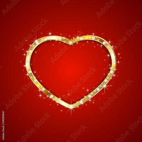 Gold heart with diamonds on red background