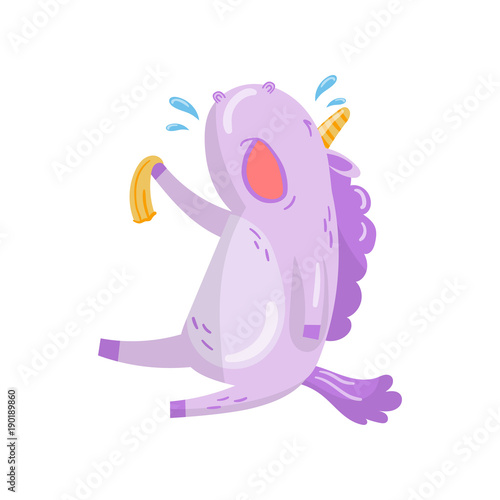 Cute unicorn character sitting and crying, funny magical animal cartoon vector Illustration