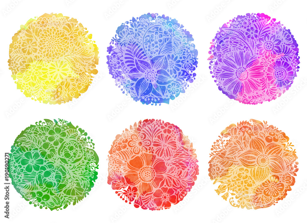 Fototapeta premium Set of six circle wwtercolor backgrounds