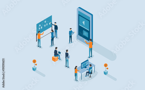 mobile application design  and development process .with isometric  group business team  working and project brainstorming concept
